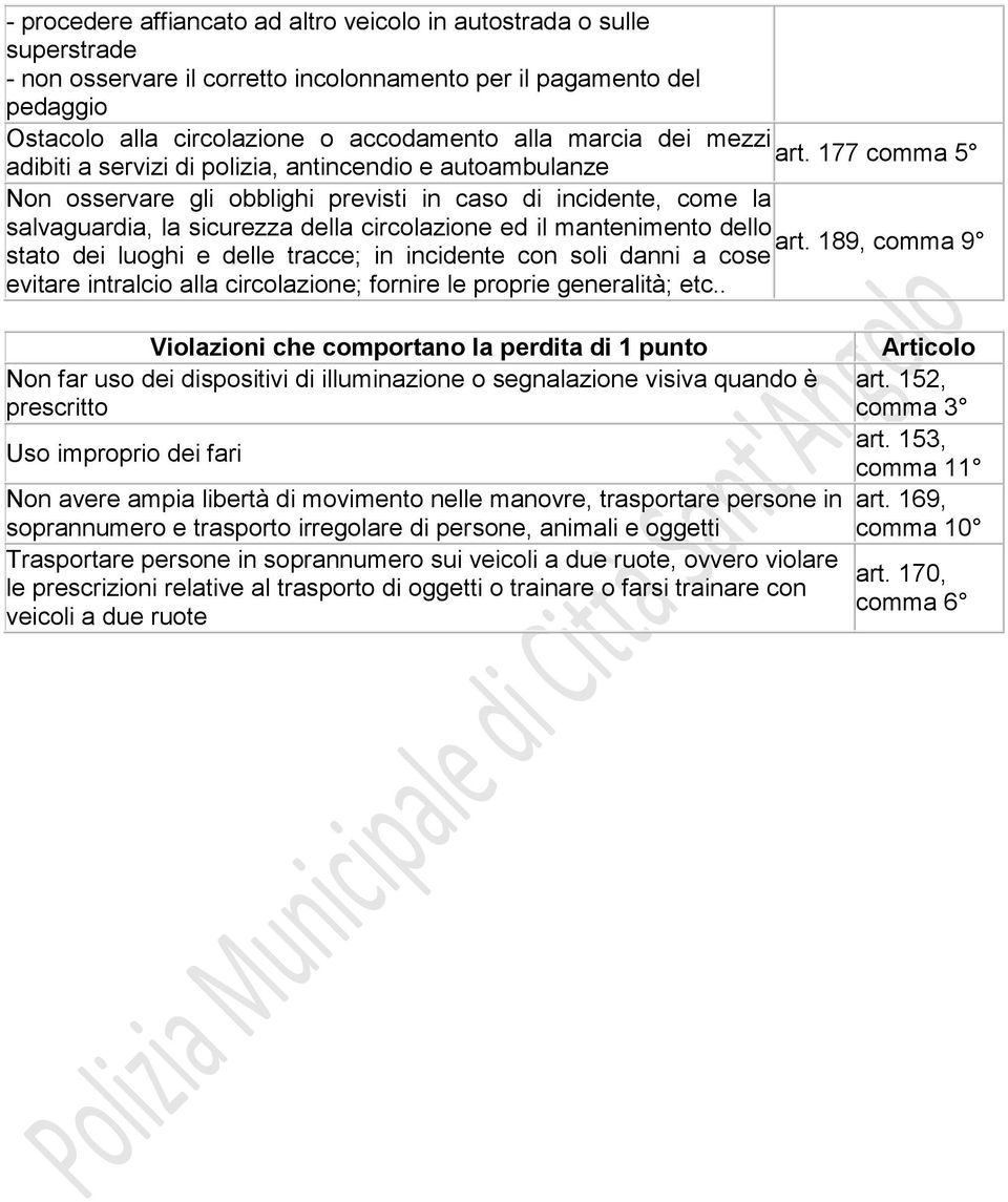 177 comma 5 adibiti a servizi di polizia, antincendio e autoambulanze Non osservare gli obblighi previsti in caso di incidente, come la salvaguardia, la sicurezza della circolazione ed il