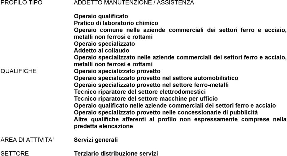 specializzato provetto Operaio specializzato provetto nel settore automobilistico Operaio specializzato provetto nel settore ferro-metalli Tecnico riparatore del settore elettrodomestici Tecnico