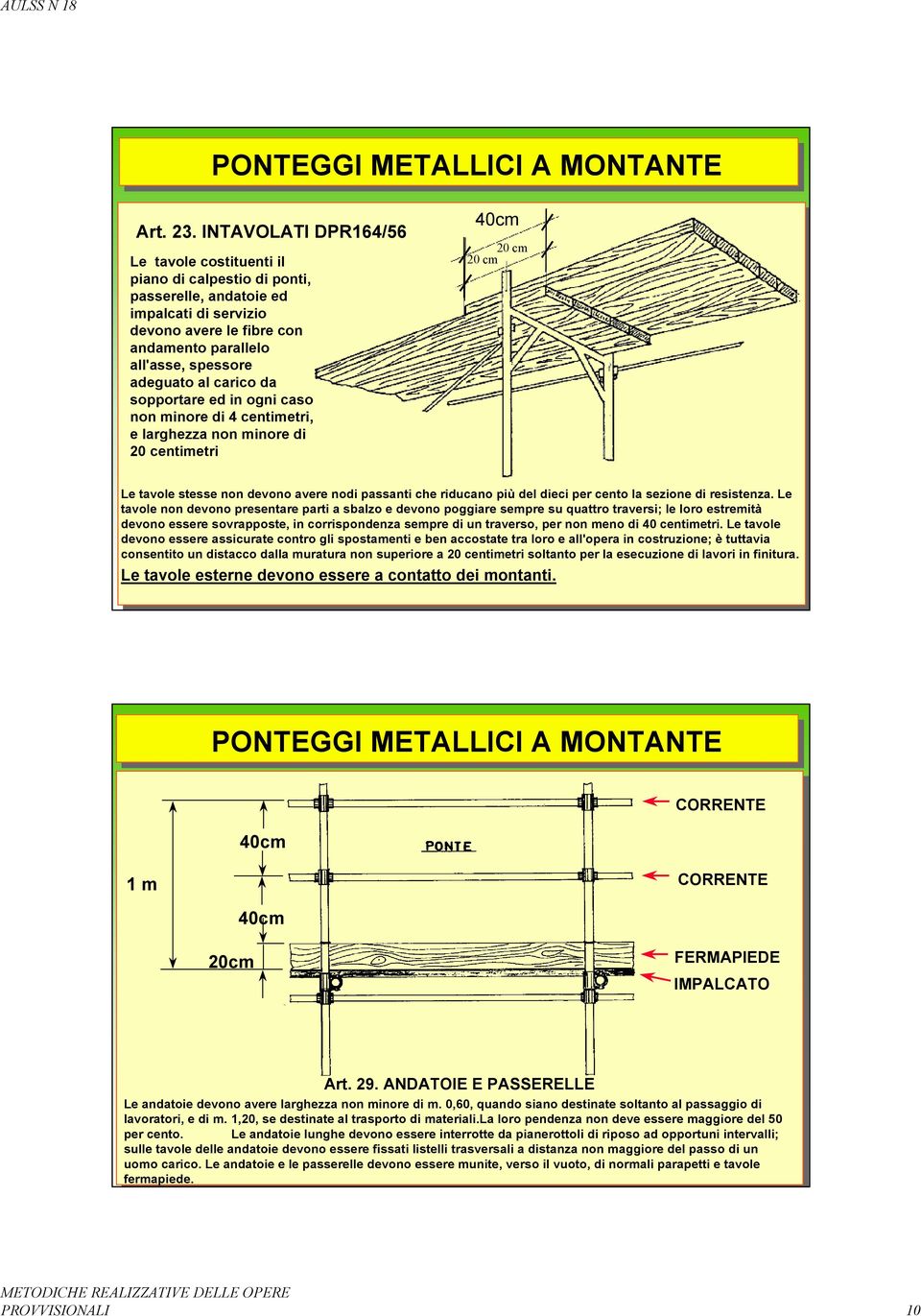 carico da sopportare ed in ogni caso non minore di 4 centimetri, e larghezza non minore di 20 centimetri 40cm 20 cm 20 cm Le tavole stesse non devono avere nodi passanti che riducano più del dieci