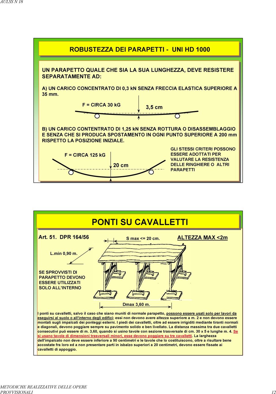 F = CIRCA 125 kg 20 cm GLI STESSI CRITERI POSSONO ESSERE ADOTTATI PER VALUTARE LA RESISTENZA DELLE RINGHIERE O ALTRI PARAPETTI PONTI SU CAVALLETTI Art. 51. DPR 164/56 ALTEZZA MAX <2m S max <= 20 cm.