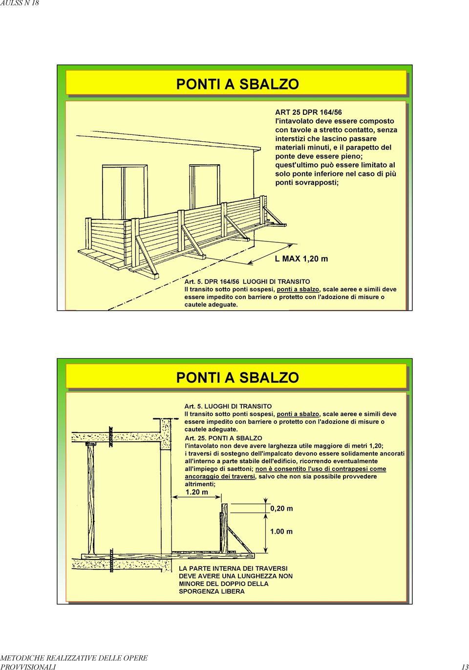 DPR 164/56 LUOGHI DI TRANSITO Il transito sotto ponti sospesi, ponti a sbalzo, scale aeree e simili deve essere impedito con barriere o protetto con l'adozione di misure o cautele adeguate.