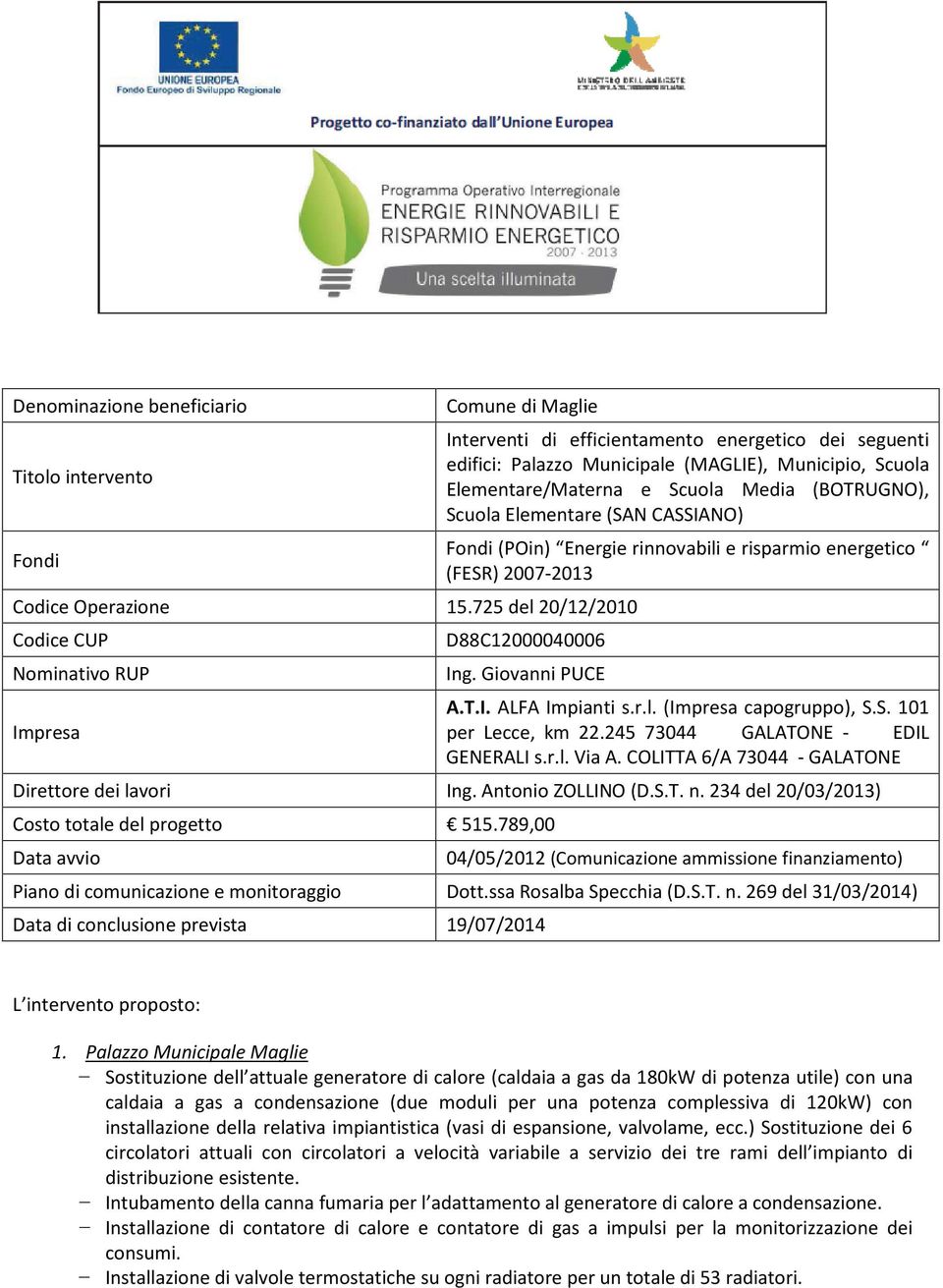 725 del 20/12/2010 Codice CUP D88C12000040006 Nominativo RUP Ing. Giovanni PUCE A.T.I. ALFA Impianti s.r.l. (Impresa capogruppo), S.S. 101 Impresa per Lecce, km 22.