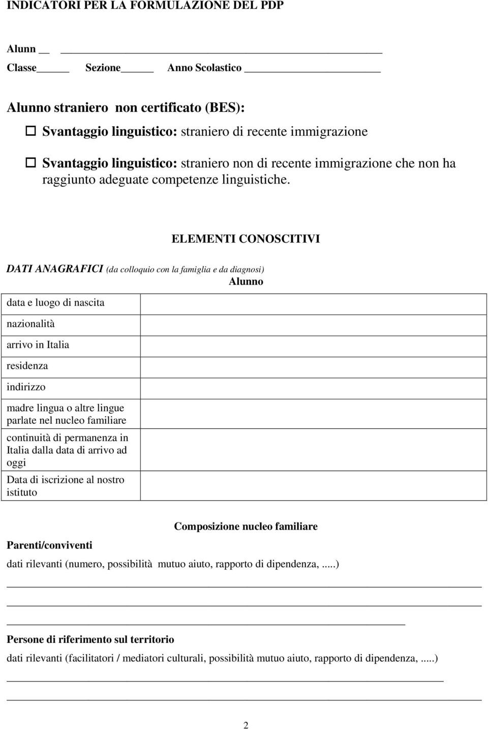 ELEMENTI CONOSCITIVI DATI ANAGRAFICI (da colloquio con la famiglia e da diagnosi) Alunno data e luogo di nascita nazionalità arrivo in Italia residenza indirizzo madre lingua o altre lingue parlate