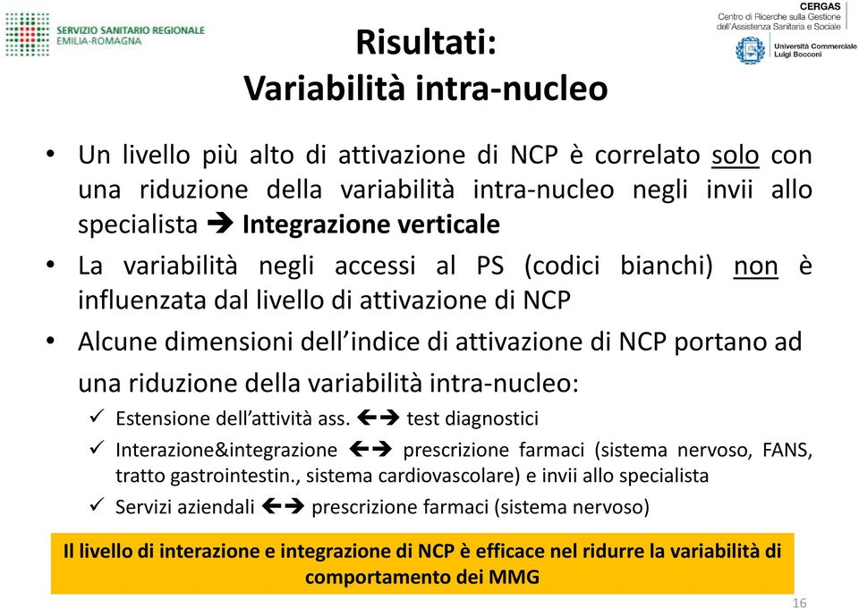 della variabilità intra-nucleo: Estensione dell attività ass. test diagnostici Interazione&integrazione prescrizione farmaci (sistema nervoso, FANS, tratto gastrointestin.