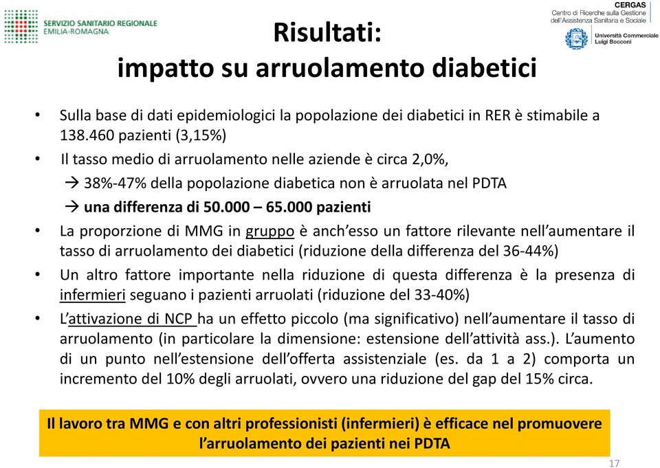 000 pazienti La proporzione di MMG in gruppo è anch esso un fattore rilevante nell aumentare il tasso di arruolamento dei diabetici (riduzione della differenza del 36-44%) Un altro fattore importante