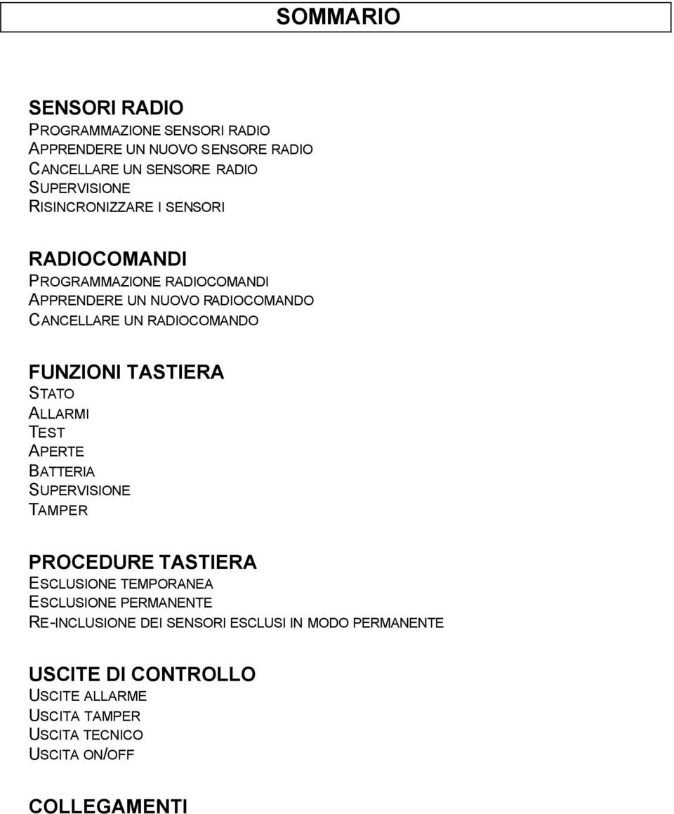 FUNZIONI TASTIERA STATO ALLARMI TEST APERTE BATTERIA SUPERVISIONE TAMPER PROCEDURE TASTIERA ESCLUSIONE TEMPORANEA ESCLUSIONE