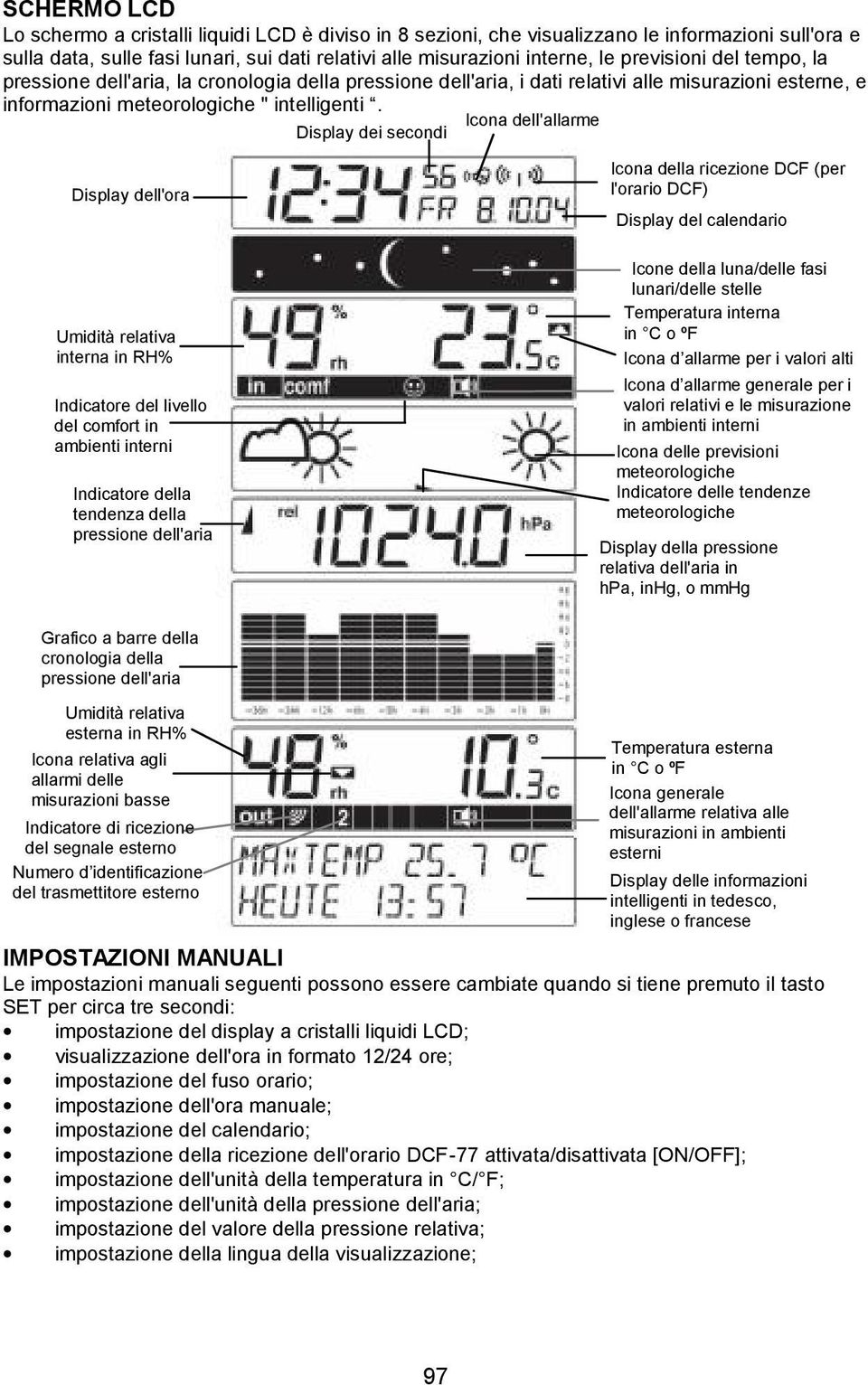 Display dei secondi Icona dell'allarme Display dell'ora Umidità relativa interna in RH% Indicatore del livello del comfort in ambienti interni Indicatore della tendenza della pressione dell'aria