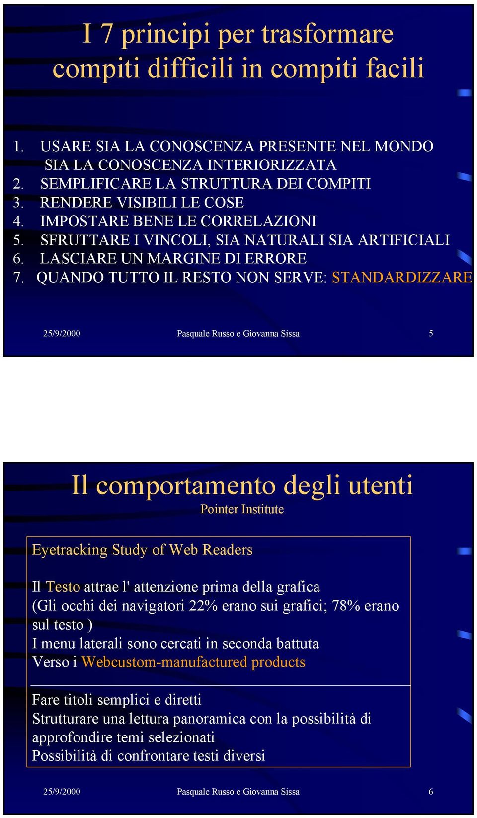 QUANDO TUTTO IL RESTO NON SERVE: STANDARDIZZARE 25/9/2000 Pasquale Russo e Giovanna Sissa 5 Il comportamento degli utenti Pointer Institute Eyetracking Study of Web Readers Il Testo attrae l'