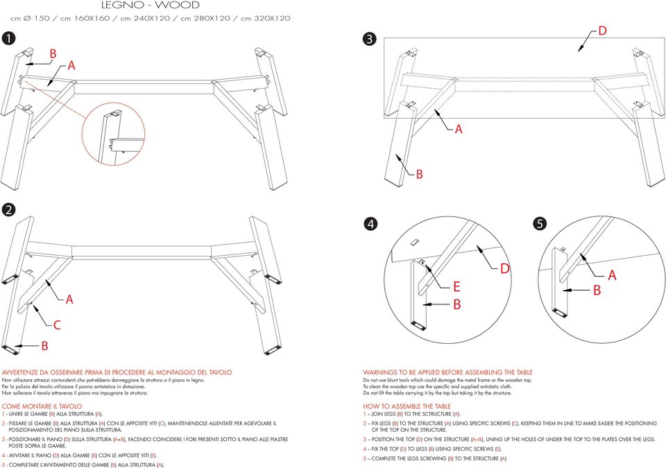 COME MONTRE IL TVOLO 1 - UNIRE LE GME () LL STRUTTUR (). 2 - FISSRE LE GME () LL STRUTTUR () CON LE PPOSITE VITI (C), MNTENENOLE LLENTTE PER GEVOLRE IL POSIZIONMENTO EL PINO SULL STRUTTUR.