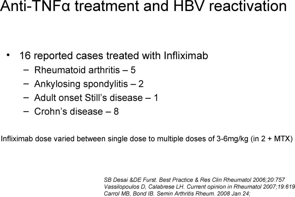 dose to multiple doses of 3-6mg/kg (in 2 + MTX) SB Desai &DE Furst.