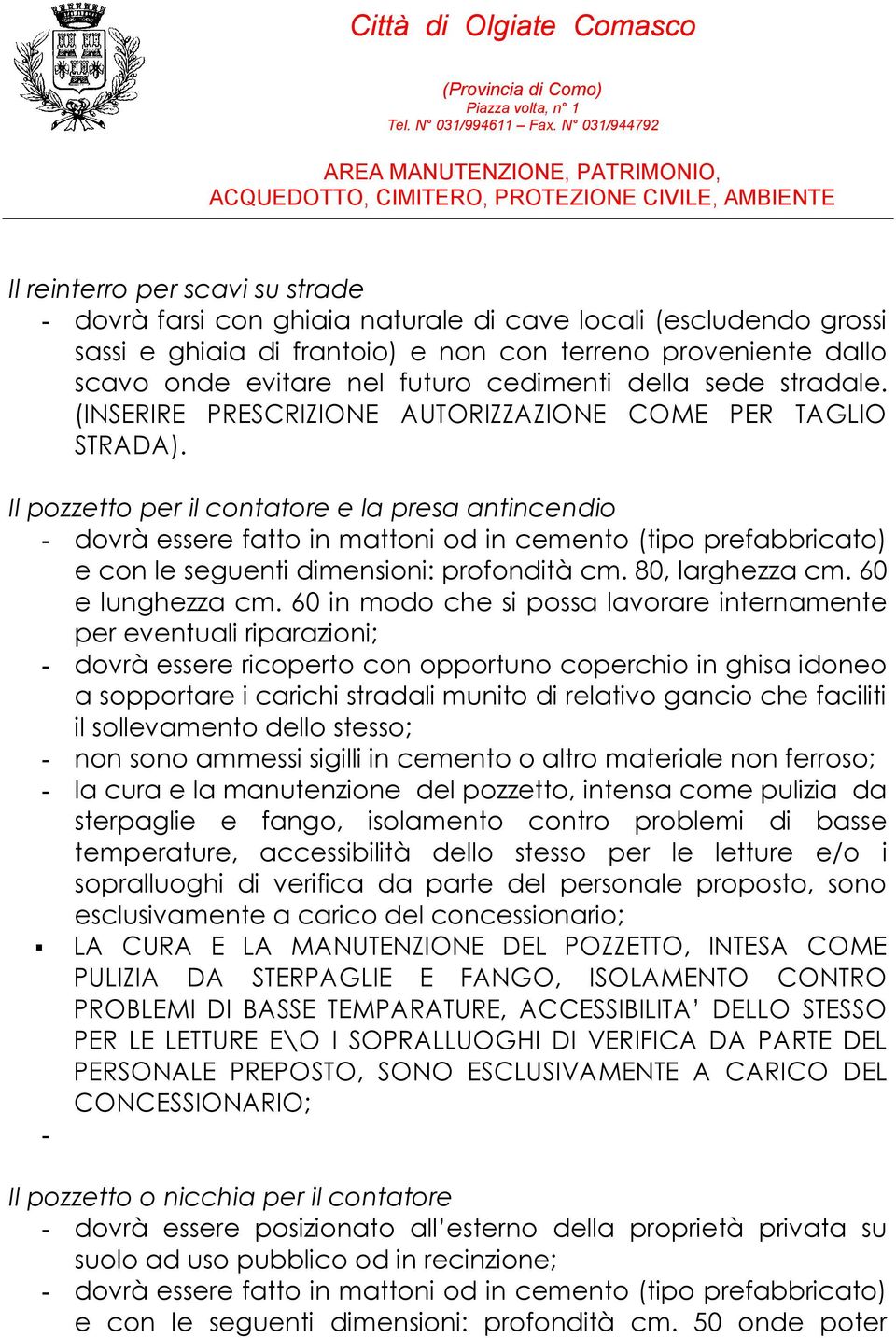 Il pozzetto per il contatore e la presa antincendio - dovrà essere fatto in mattoni od in cemento (tipo prefabbricato) e con le seguenti dimensioni: profondità cm. 80, larghezza cm. 60 e lunghezza cm.