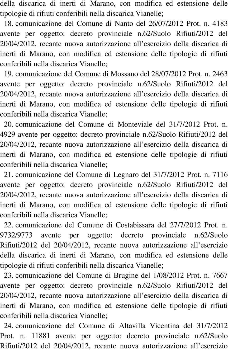 n. 7116 22. comunicazione del Comune di Costabissara del 27/7/2012 Prot. n. 9732/9773 avente per oggetto: decreto provinciale n.