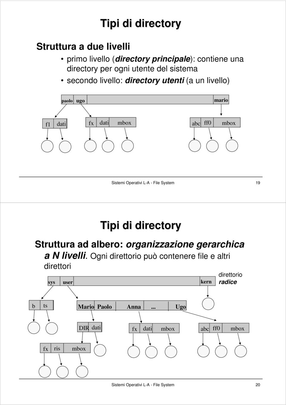 19 Tipi di directory Struttura ad albero: organizzazione gerarchica a N livelli.