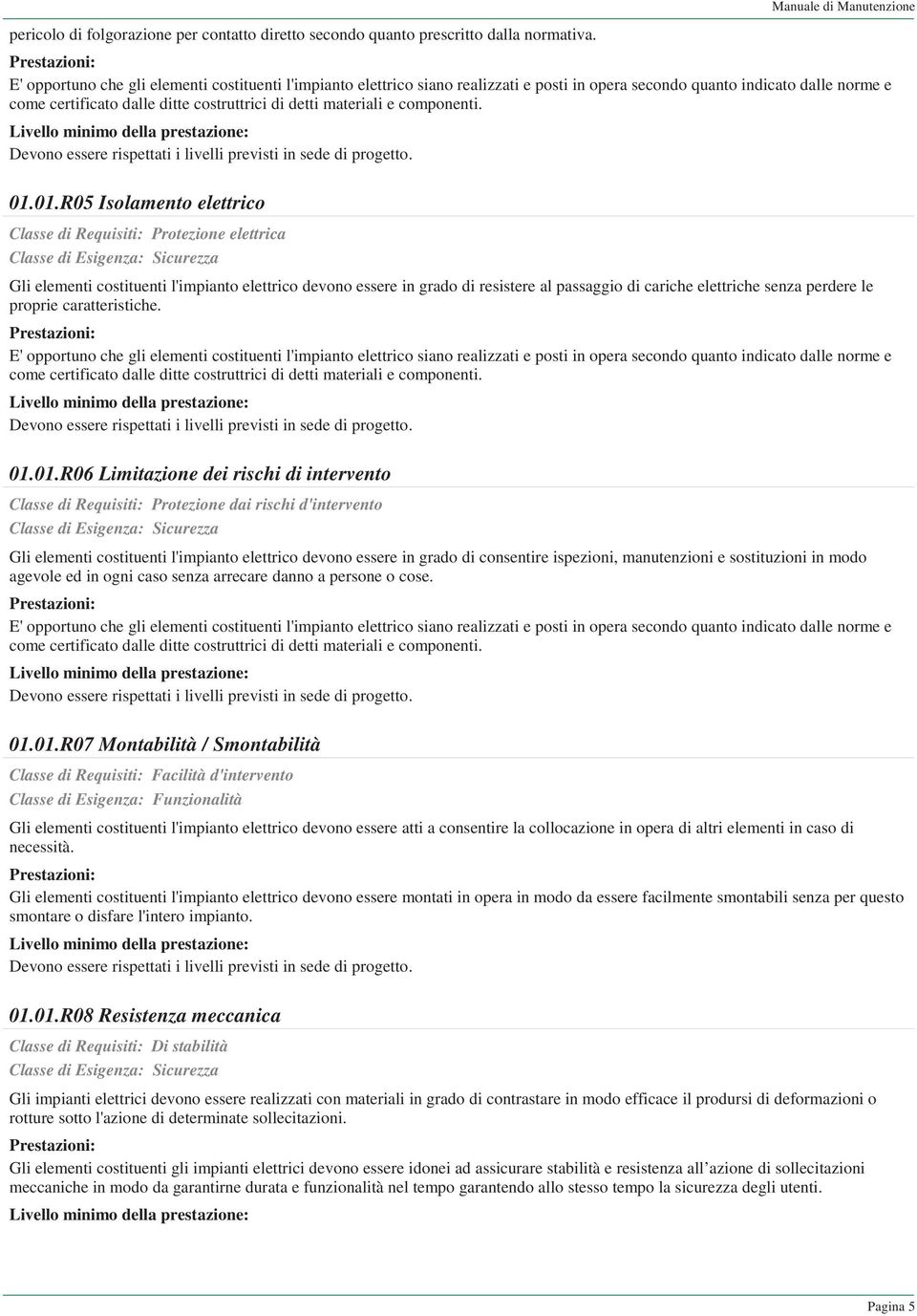 materiali e componenti. Livello minimo della prestazione: Devono essere rispettati i livelli previsti in sede di progetto. 01.