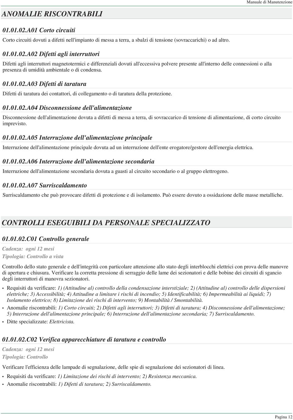 A02 Difetti agli interruttori Difetti agli interruttori magnetotermici e differenziali dovuti all'eccessiva polvere presente all'interno delle connessioni o alla presenza di umidità ambientale o di