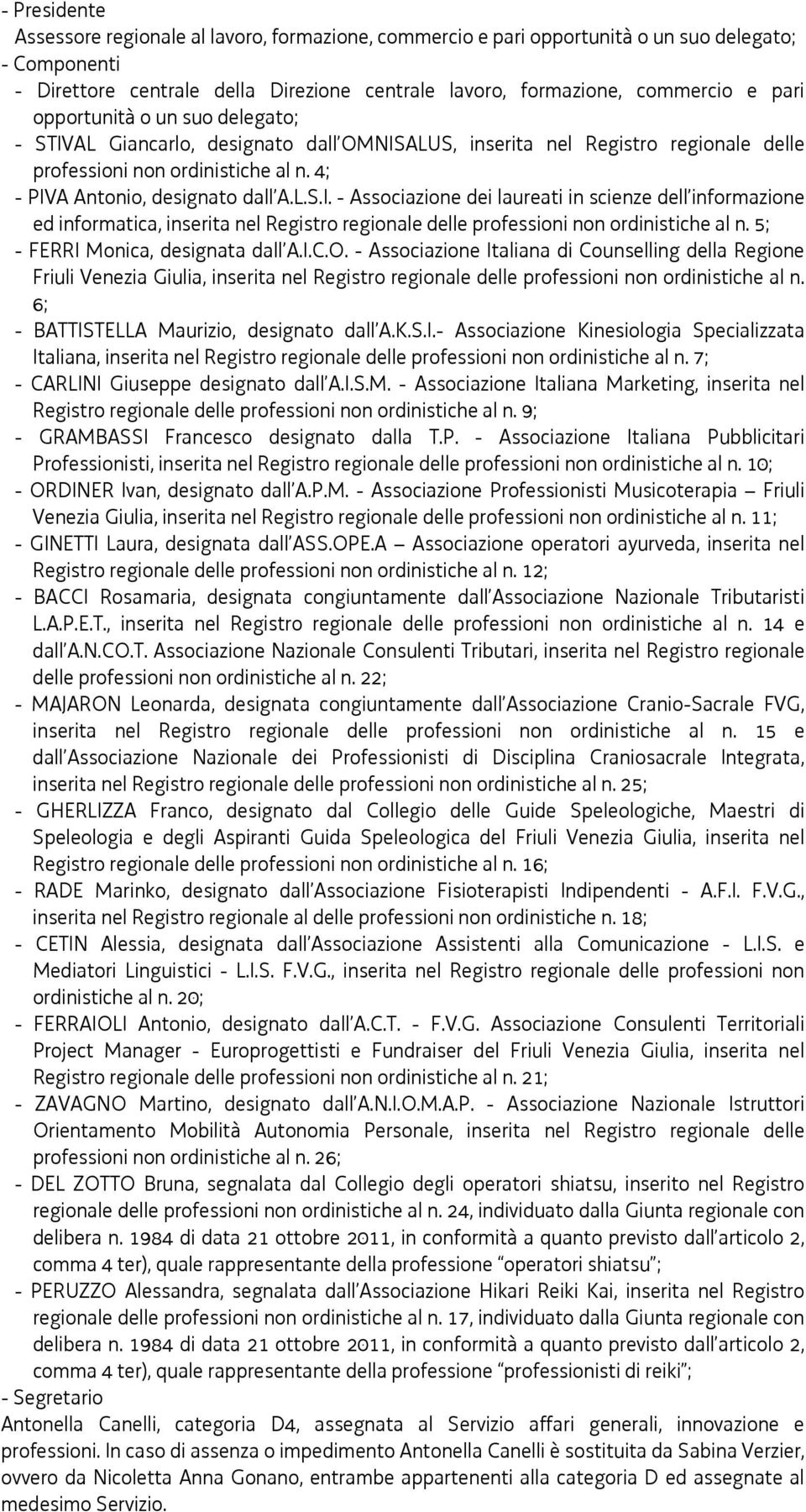 5; - FERRI Monica, designata dall A.I.C.O. - Associazione Italiana di Counselling della Regione Friuli Venezia Giulia, inserita nel Registro regionale delle professioni non ordinistiche al n.