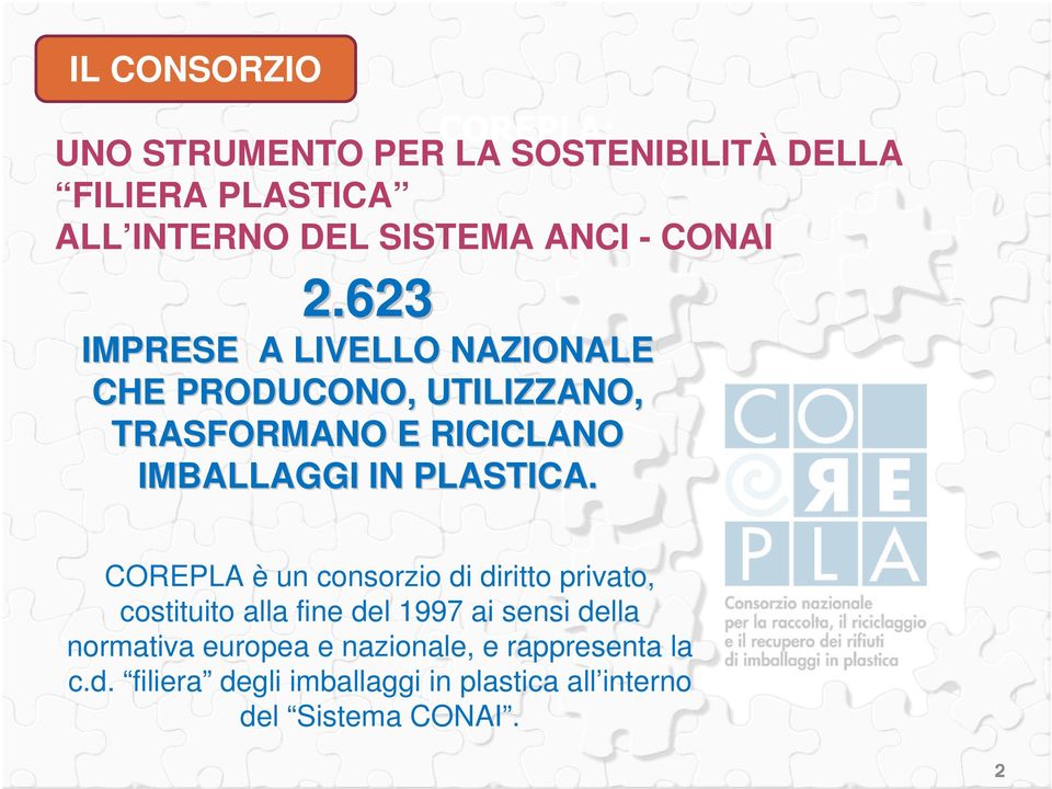 623 IMPRESE A LIVELLO NAZIONALE CHE PRODUCONO, UTILIZZANO, TRASFORMANO E RICICLANO IMBALLAGGI IN PLASTICA.