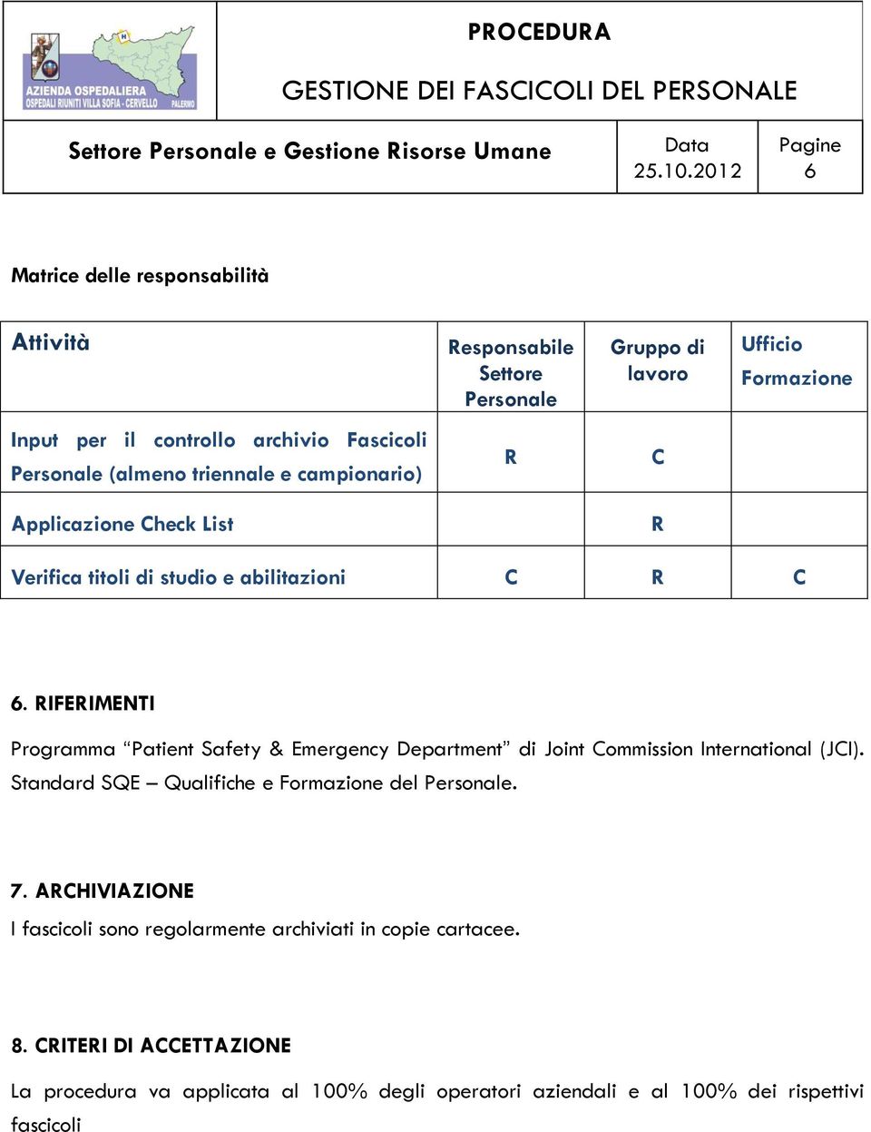 RIFERIMENTI Programma Patient Safety & Emergency Department di Joint Commission International (JCI). Standard SQE Qualifiche e Formazione del Personale. 7.