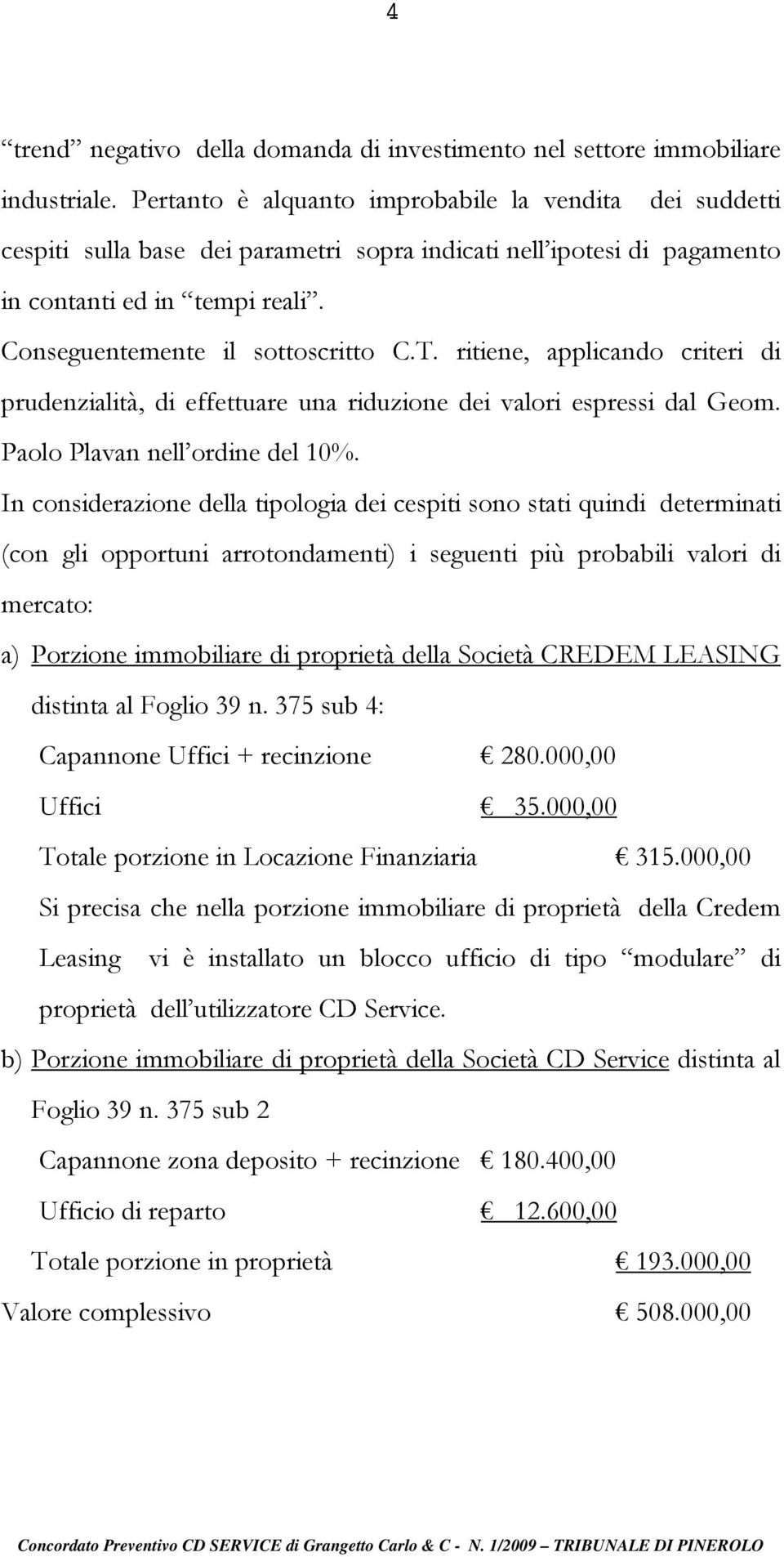 ritiene, applicando criteri di prudenzialità, di effettuare una riduzione dei valori espressi dal Geom. Paolo Plavan nell ordine del 10%.