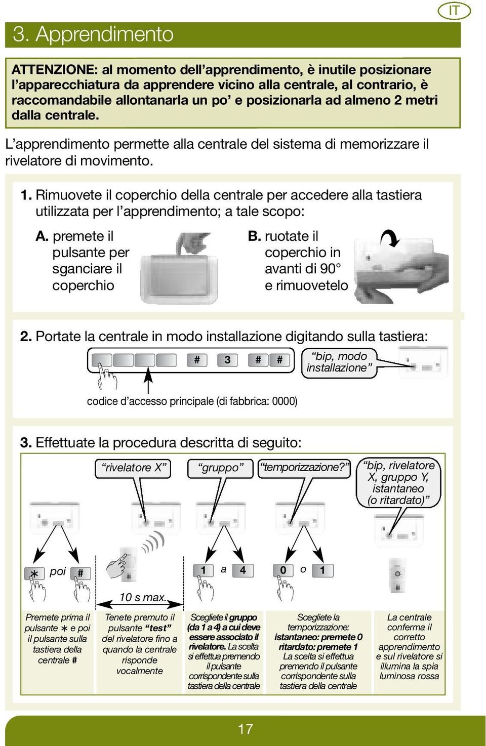 Rimuovete il coperchio della centrale per accedere alla tastiera utilizzata per l apprendimento; a tale scopo: A. premete il pulsante per sganciare il coperchio B.