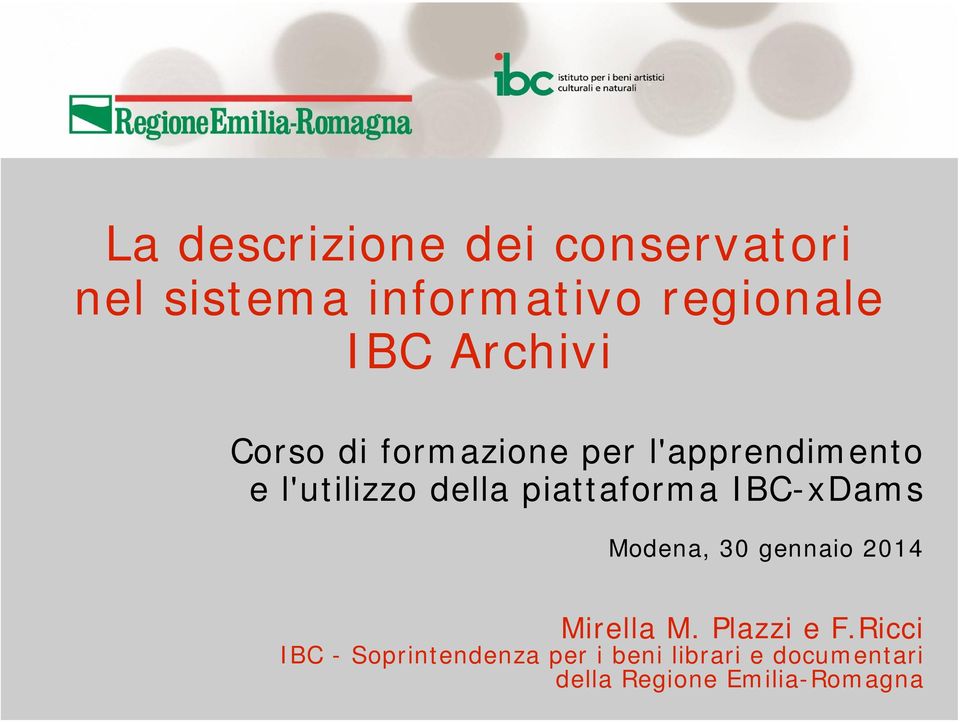 piattaforma IBC-xDams Modena, 30 gennaio 2014 Mirella M. Plazzi e F.