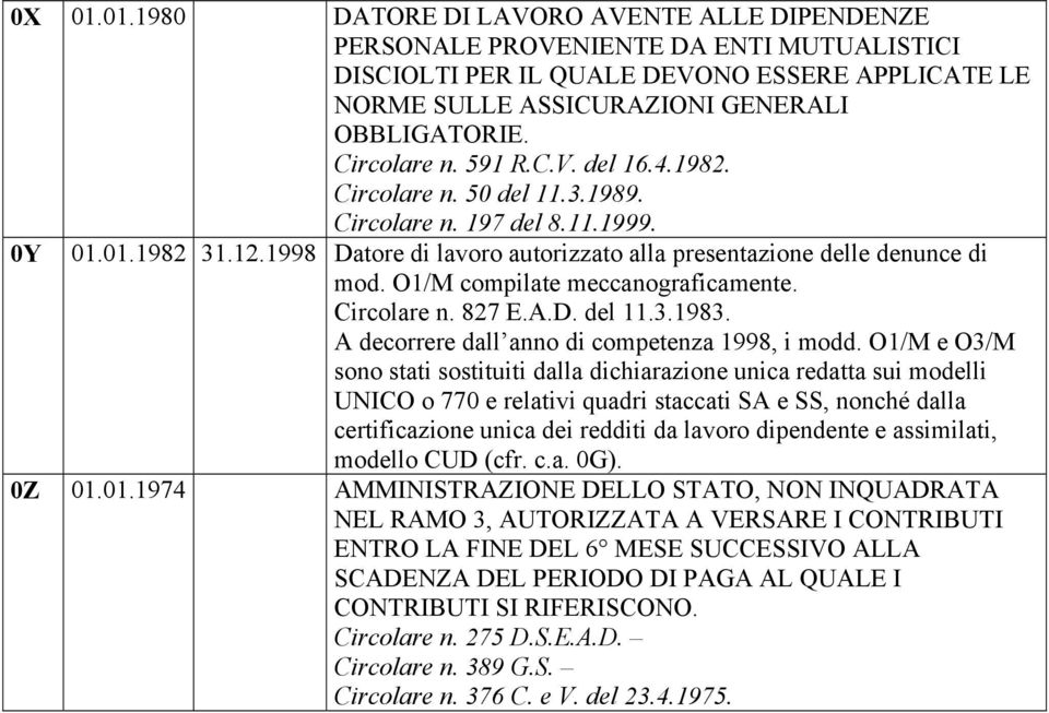 O1/M compilate meccanograficamente. Circolare n. 827 E.A.D. del 11.3.1983. A decorrere dall anno di competenza 1998, i modd.