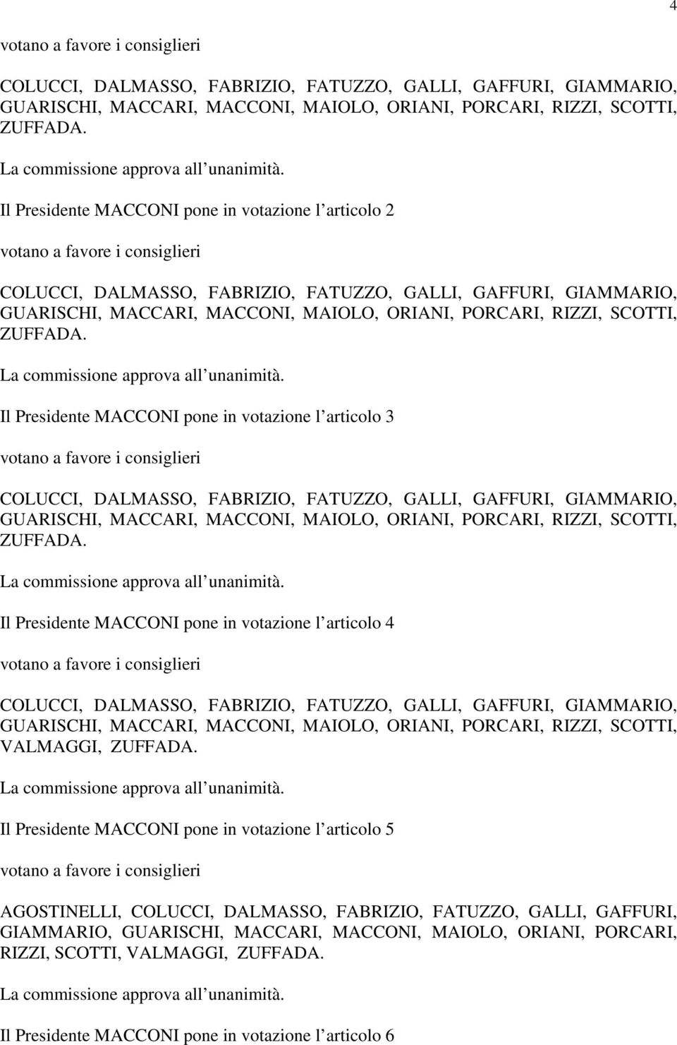 Il Presidente MACCONI pone in votazione l articolo 3 COLUCCI, DALMASSO, FABRIZIO, FATUZZO, GALLI, GAFFURI, GIAMMARIO, GUARISCHI, MACCARI, MACCONI, MAIOLO, ORIANI, PORCARI, RIZZI, SCOTTI, ZUFFADA.