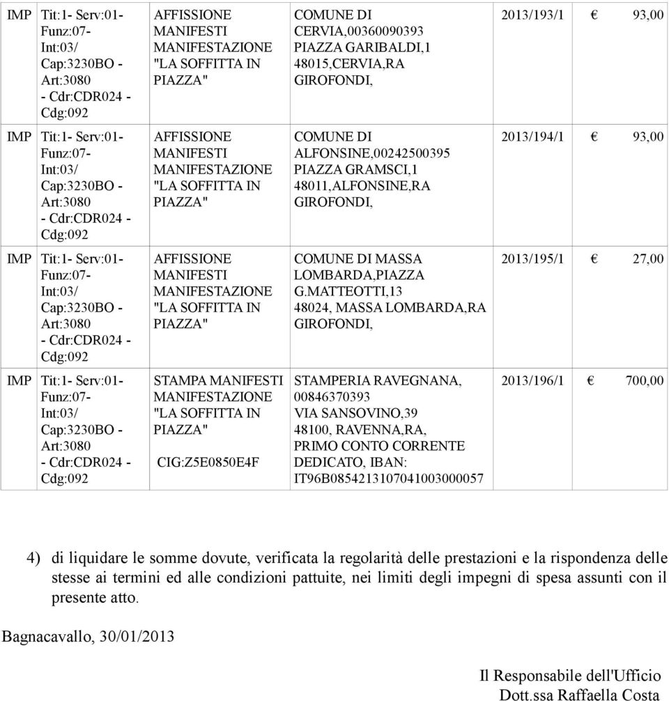 DEDICATO, IBAN: IT96B0854213107041003000057 2013/196/1 700,00 4) di liquidare le somme dovute, verificata la regolarità delle prestazioni e la rispondenza delle stesse ai