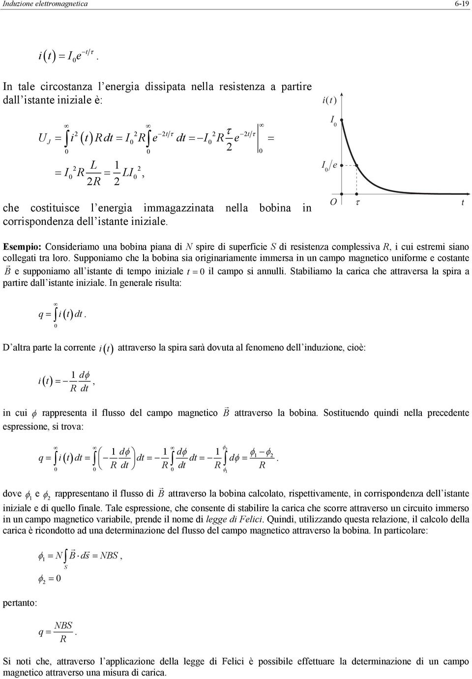 collegati ta loo upponiamo che la bobina sia oiginaiamente immesa in un campo magnetico unifome e costante e supponiamo all istante di tempo iniziale t = il campo si annulli tabiliamo la caica che