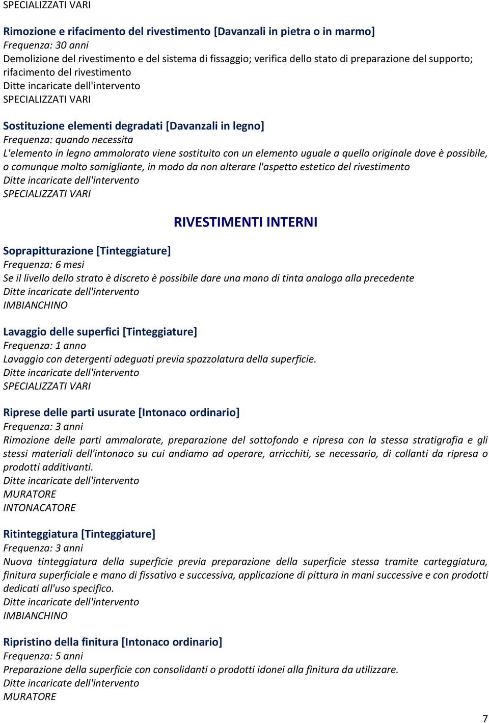 o comunque molto somigliante, in modo da non alterare l'aspetto estetico del rivestimento RIVESTIMENTI INTERNI Soprapitturazione [Tinteggiature] Frequenza: 6 mesi Se il livello dello strato è