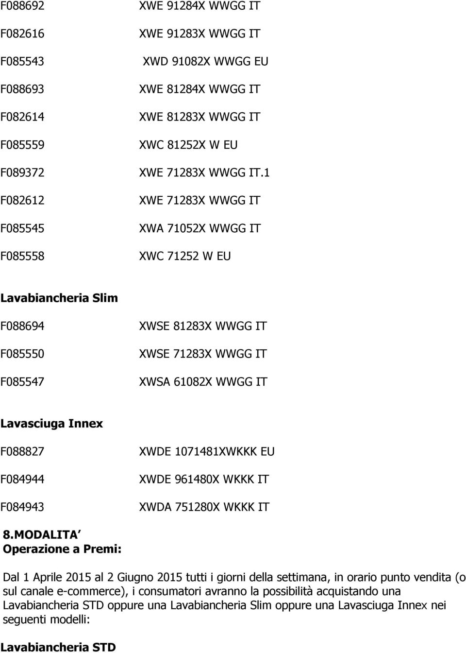 1 XWE 71283X WWGG IT XWA 71052X WWGG IT XWC 71252 W EU Lavabiancheria Slim F088694 F085550 F085547 XWSE 81283X WWGG IT XWSE 71283X WWGG IT XWSA 61082X WWGG IT Lavasciuga Innex F088827 F084944