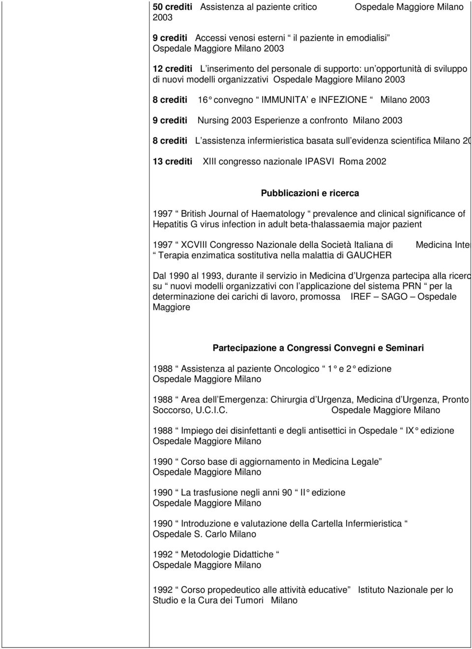 scientifica Milano 2002 13 crediti XIII congresso nazionale IPASVI Roma 2002 Pubblicazioni e ricerca 1997 British Journal of Haematology prevalence and clinical significance of Hepatitis G virus