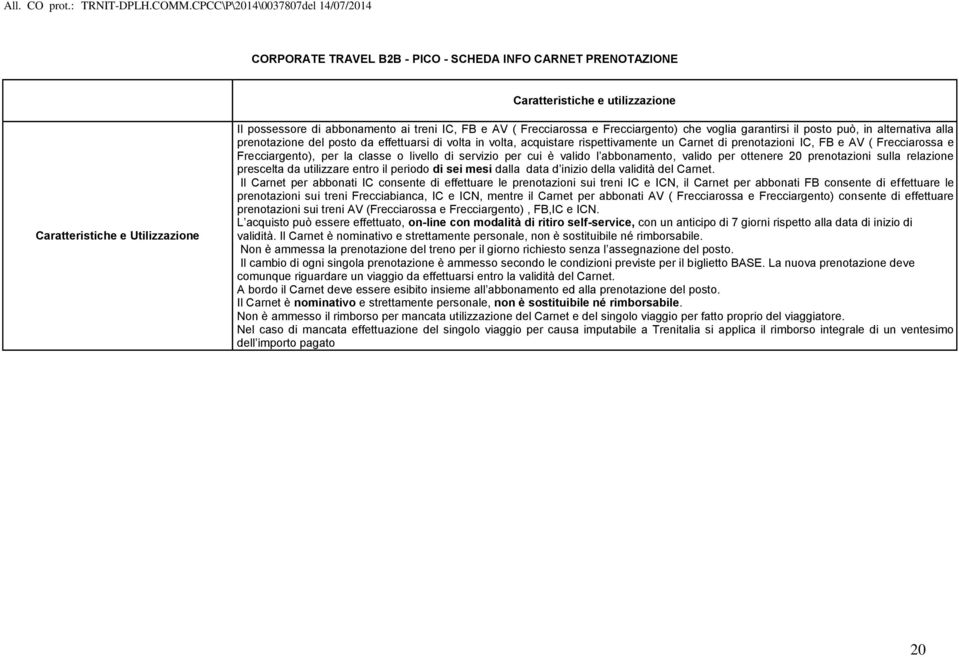 classe o livello di servizio per cui è valido l abbonamento, valido per ottenere 20 prenotazioni sulla relazione prescelta da utilizzare entro il periodo di sei mesi dalla data d inizio della