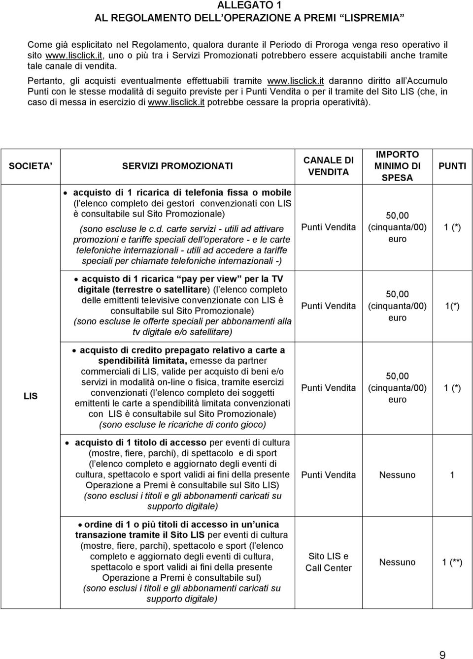 it daranno diritto all Accumulo Punti con le stesse modalità di seguito previste per i o per il tramite del Sito LIS (che, in caso di messa in esercizio di www.lisclick.