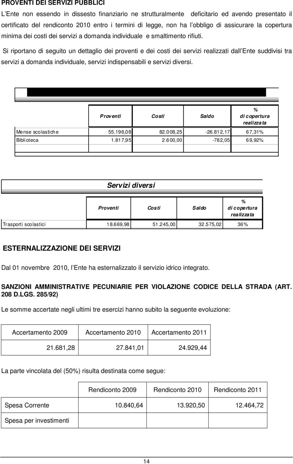 Si riportano di seguito un dettaglio dei proventi e dei costi dei servizi realizzati dall Ente suddivisi tra servizi a domanda individuale, servizi indispensabili e servizi diversi.