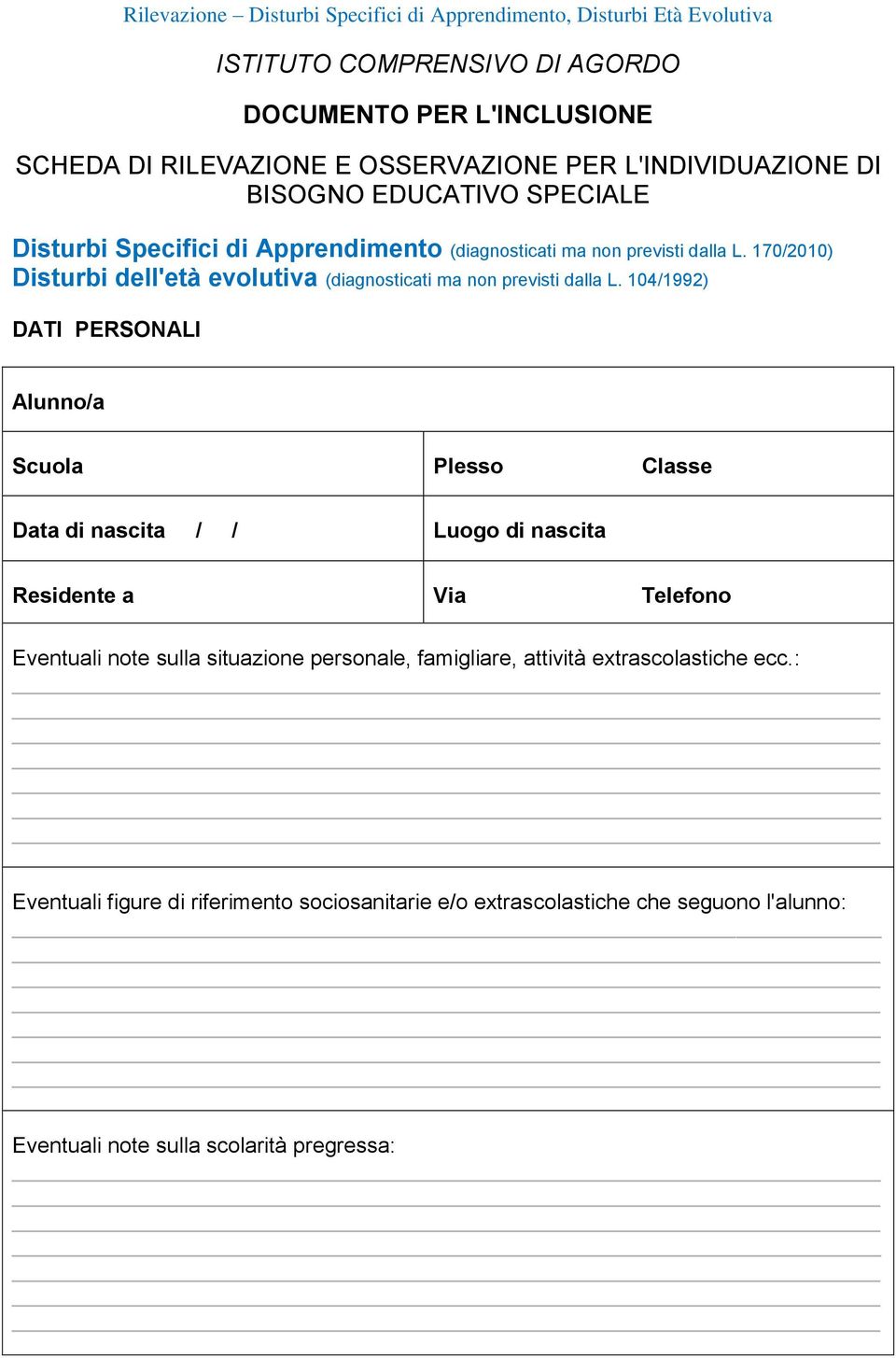 104/1992) DATI PERSONALI Alunno/a Plesso Scuola Classe Plesso Classe Data di nascita / / Luogo di nascita Residente a Via Telefono Eventuali note sulla situazione