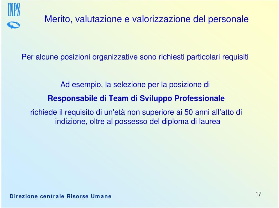 posizione di Responsabile di Team di Sviluppo Professionale richiede il requisito di