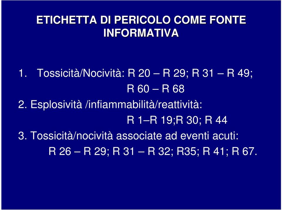 Esplosività /infiammabilità/reattività: R 1 R 19;R 30; R 44 3.