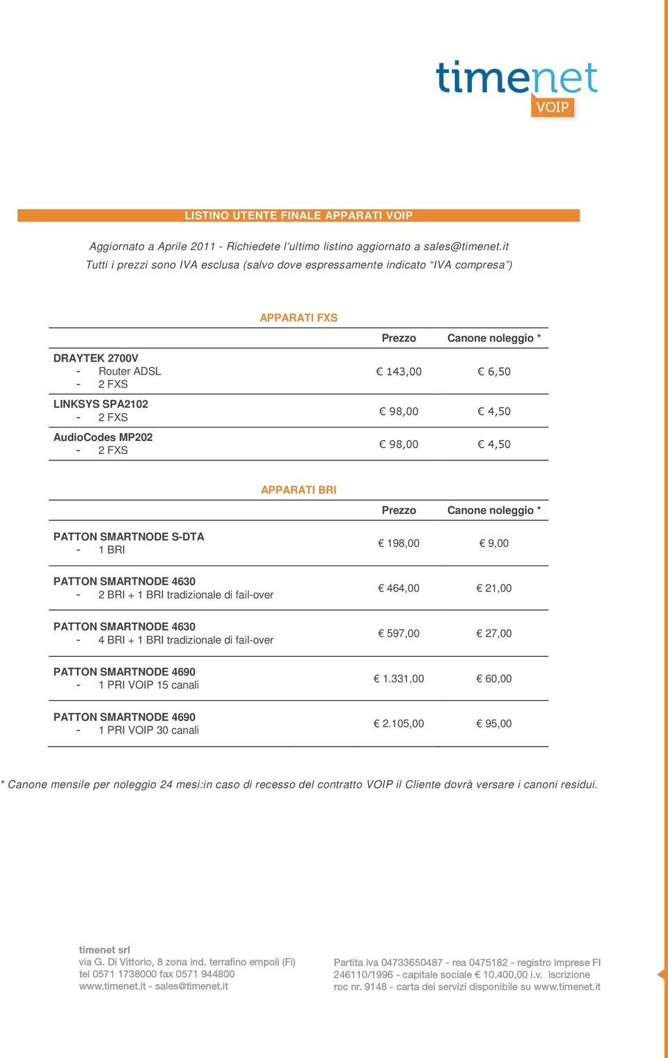 98,00 4,50 98,00 4,50 APPARATI BRI Prezzo Canone noleggio * PATTON SMARTNODE S-DTA - 1 BRI 198,00 9,00 PATTON SMARTNODE 4630-2 BRI + 1 BRI tradizionale di fail-over 464,00 21,00 PATTON SMARTNODE