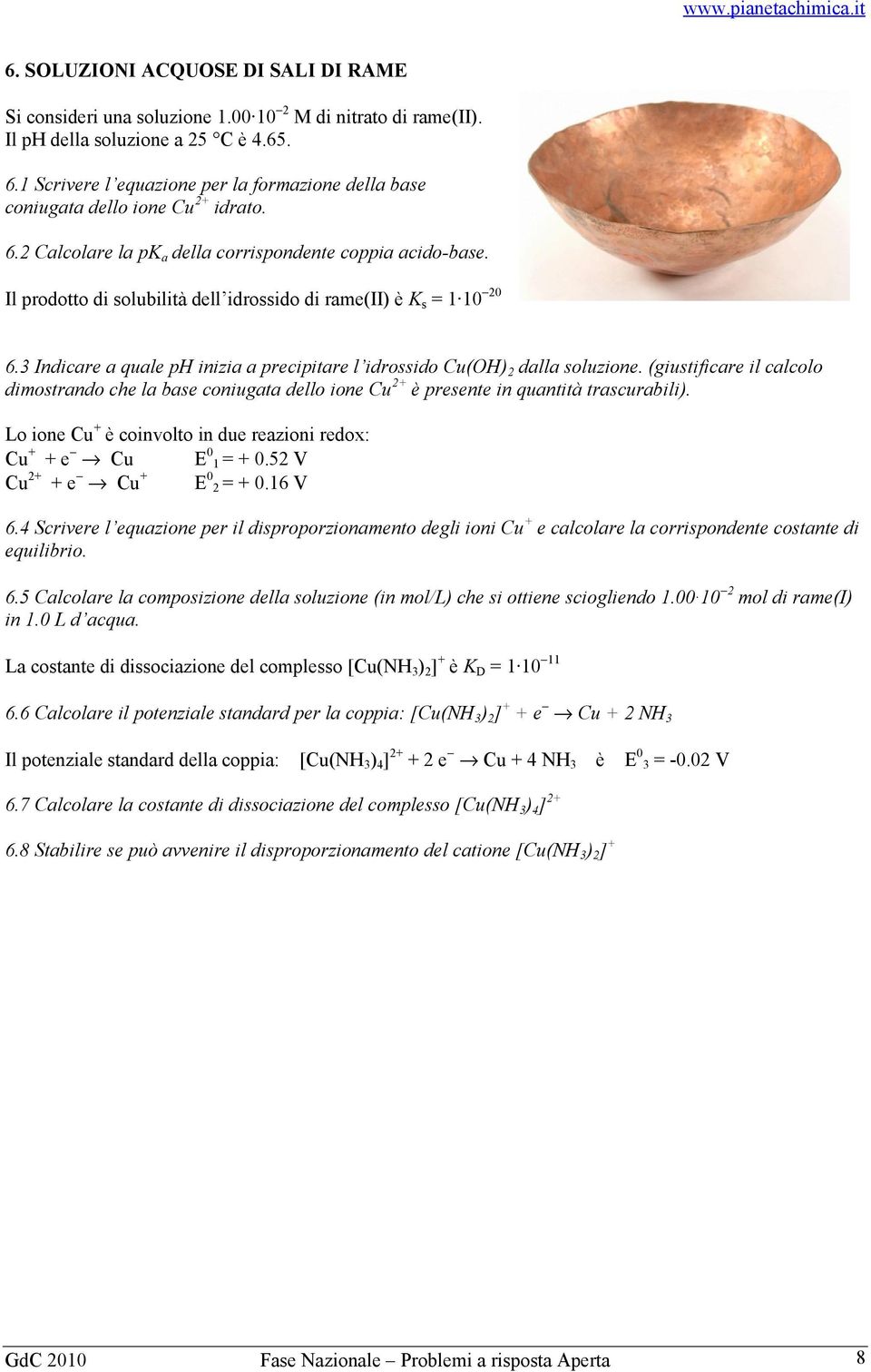 Il prodotto di solubilità dell idrossido di rame(ii) è K s = 1 10 20 6.3 Indicare a quale ph inizia a precipitare l idrossido Cu(H) 2 dalla soluzione.