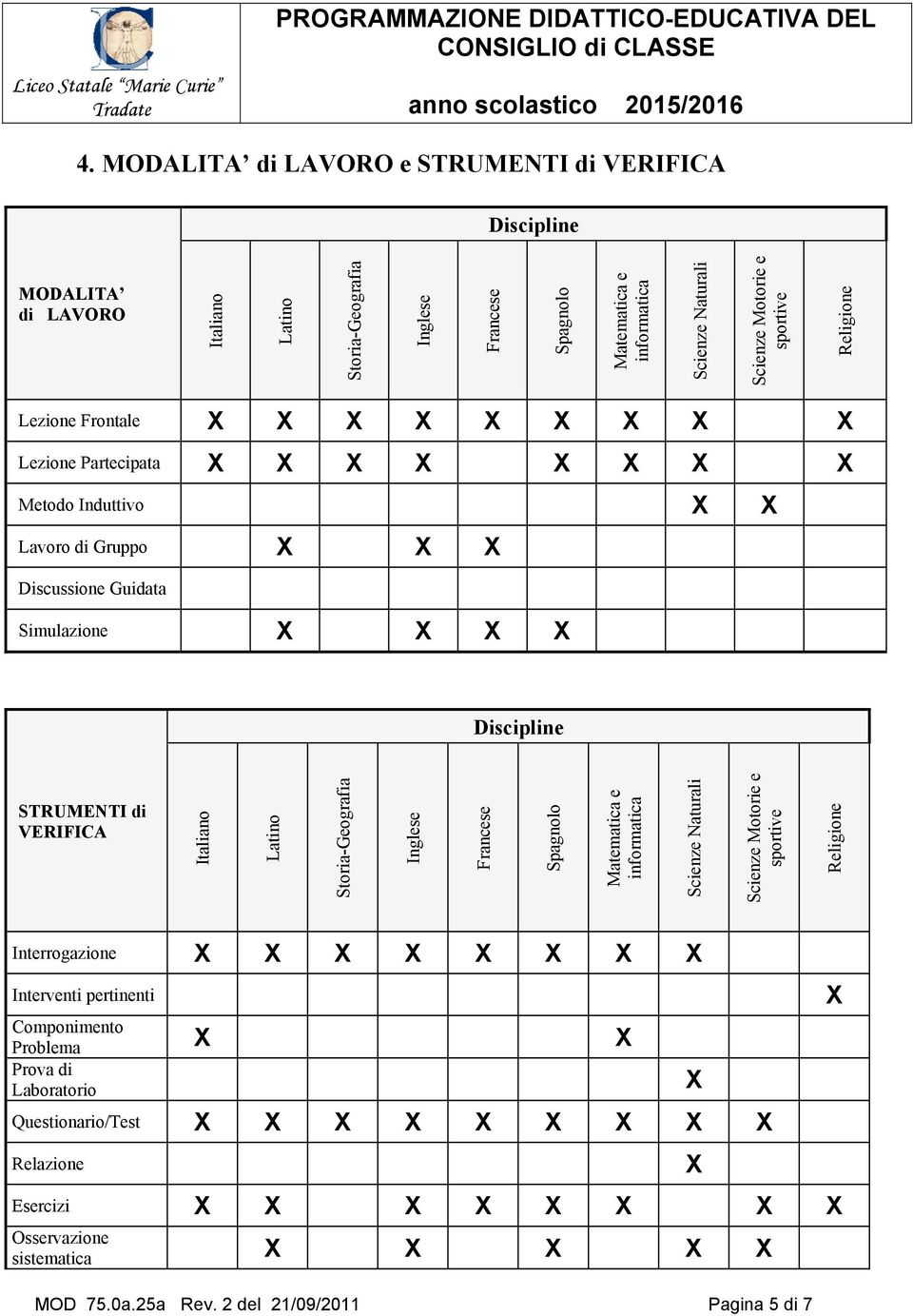 sportive Religione Lezione Frontale X X X X X X X X X Lezione Partecipata X X X X X X X X Metodo Induttivo X X Lavoro di Gruppo X X X Discussione Guidata Simulazione X X X X Discipline STRUMENTI di