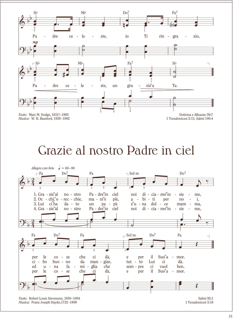 Gra - zie al no - stro Pa - dre in ciel noi di - cia - mo in - sie - me,. Oc - chi, o - rec - chie, ma - ni e piè, a - bi - ti per no - i,. Lui ci ha da - to un pa - pà e u - na dol - ce mam - ma,.