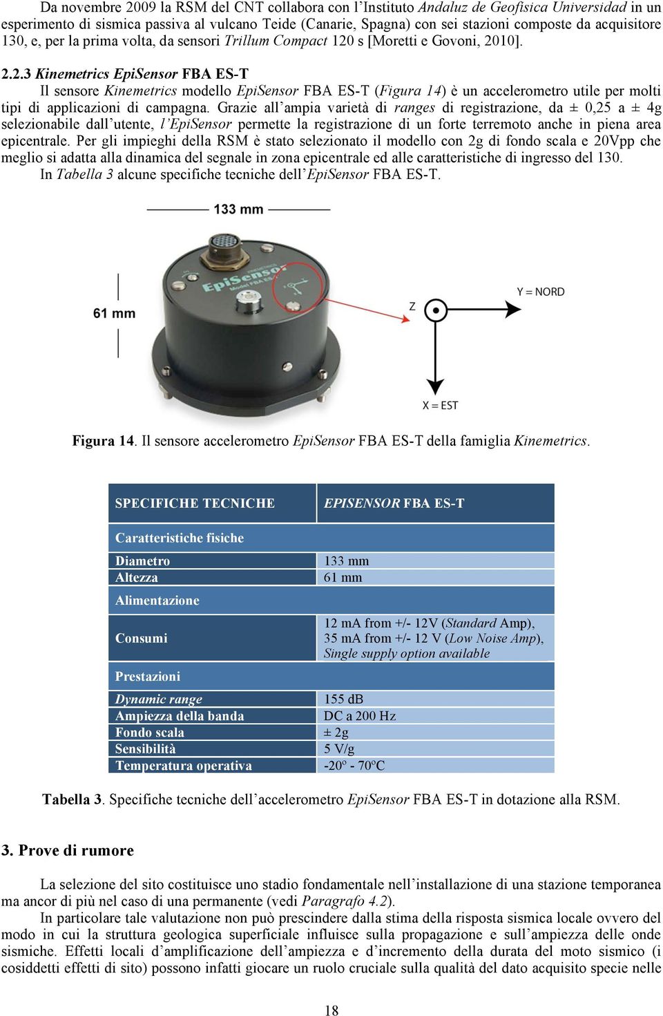 s [Moretti e Govoni, 2010]. 2.2.3 Kinemetrics EpiSensor FBA ES-T Il sensore Kinemetrics modello EpiSensor FBA ES-T (Figura 14) è un accelerometro utile per molti tipi di applicazioni di campagna.