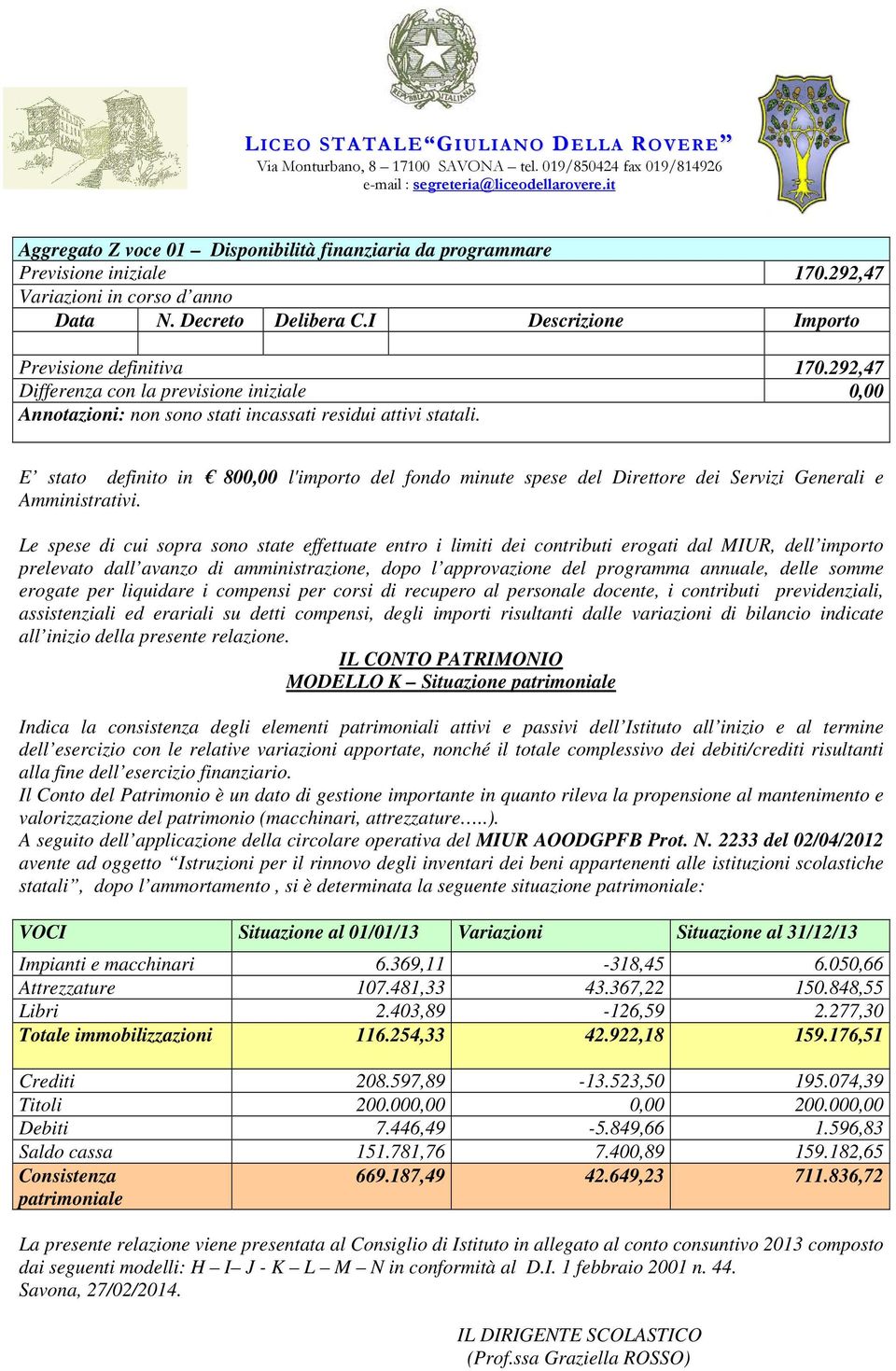 E stato definito in 800,00 l'importo del fondo minute spese del Direttore dei Servizi Generali e Amministrativi.