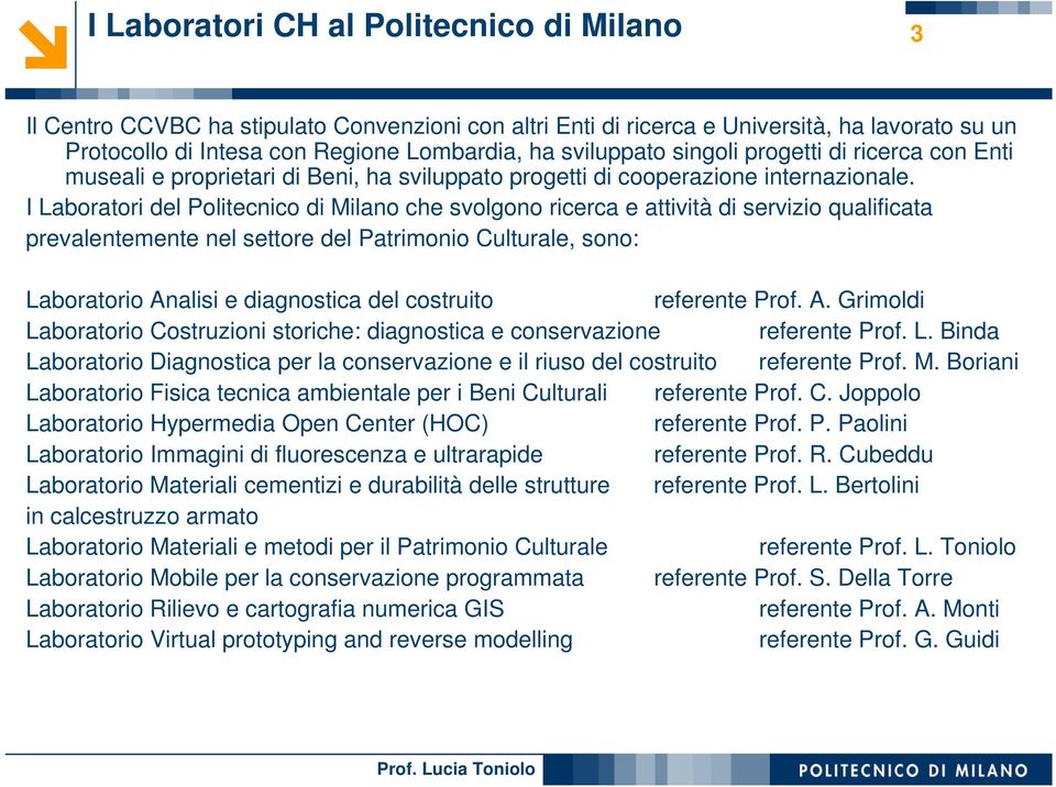 I Laboratori del Politecnico di Milano che svolgono ricerca e attività di servizio qualificata prevalentemente nel settore del Patrimonio Culturale, sono: Laboratorio Analisi e diagnostica del