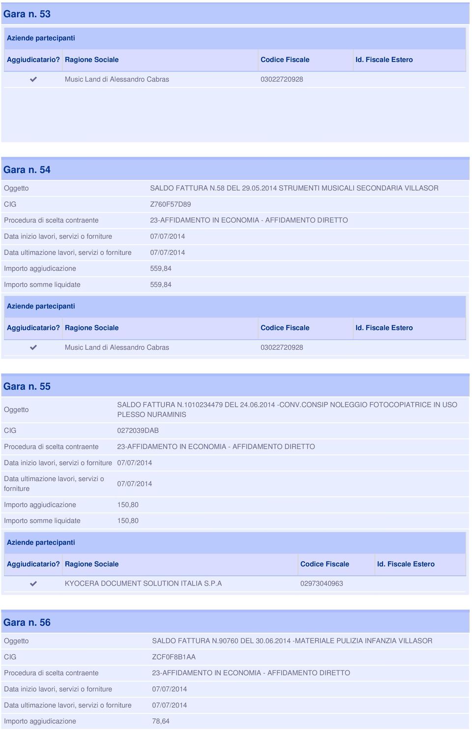 03022720928 Gara n. 55 SALDO FATTURA N.1010234479 DEL 24.06.2014 -CONV.