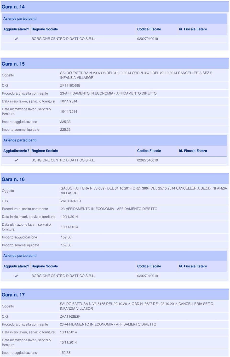 16 SALDO FATTURA N.V3-6397 DEL 31.10.2014 ORD. 3664 DEL 25.10.2014 CANCELLERIA SEZ.