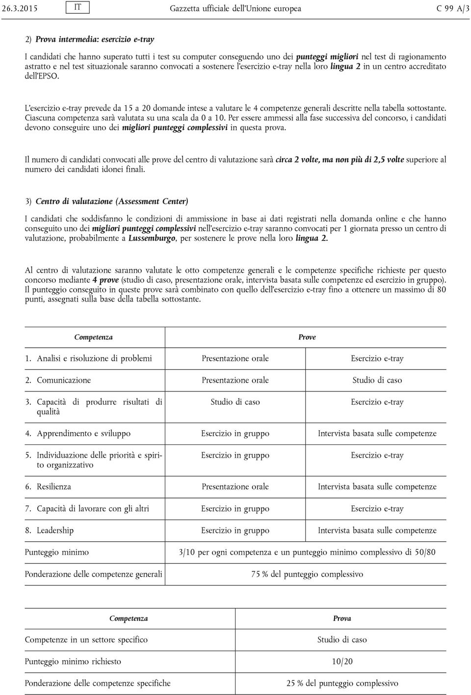 L'esercizio e-tray prevede da 15 a 20 domande intese a valutare le 4 competenze generali descritte nella tabella sottostante. Ciascuna competenza sarà valutata su una scala da 0 a 10.