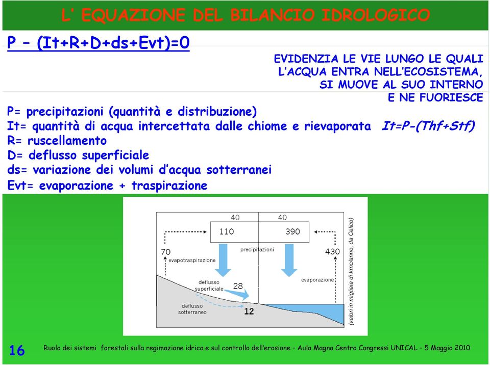 It= quantità di acqua intercettata dalle chiome e rievaporata It=P-(Thf+Stf) R= ruscellamento D=