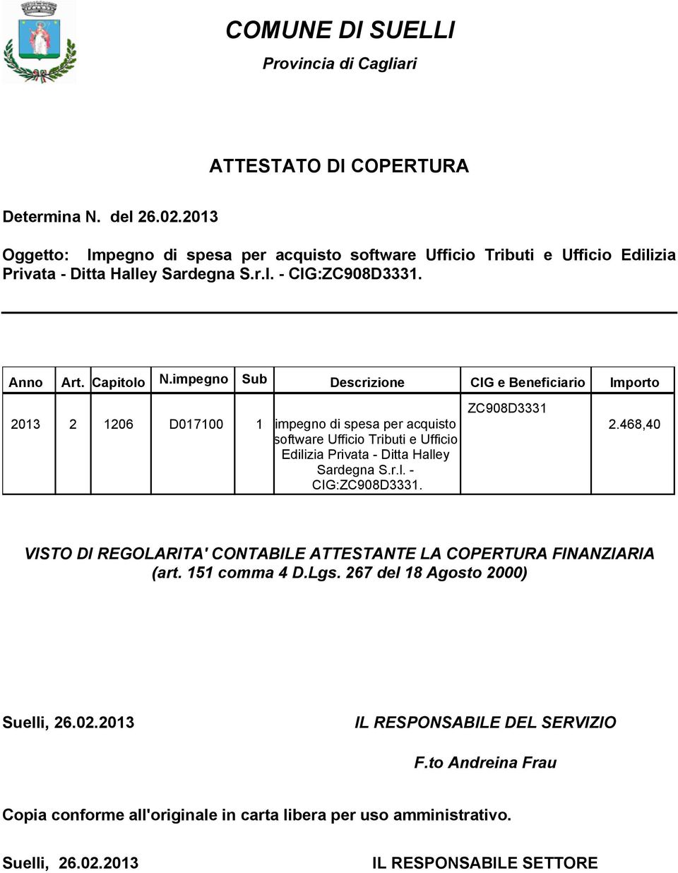 Capitolo Descrizione CIG e Beneficiario Importo 2013 2 1206 D017100 1 impegno di spesa per acquisto software Ufficio Tributi e Ufficio Edilizia Privata - Ditta Halley Sardegna S.r.l. - CIG:ZC908D3331.